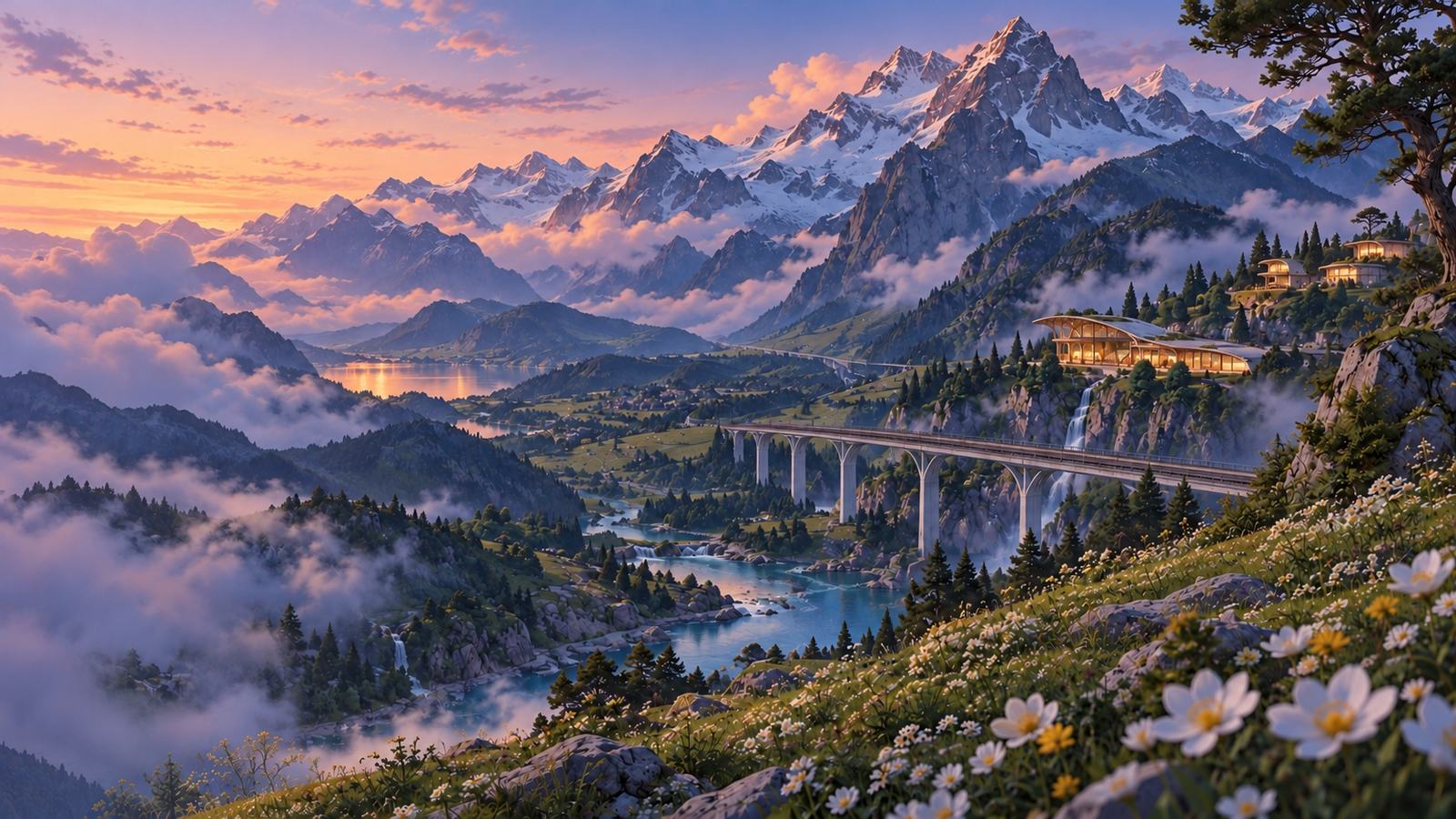 A quiet alpine valley at dusk, a viaduct crossing a river