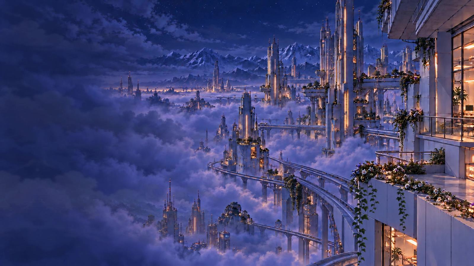 Lamplit terraces above a sea of cloud at night
