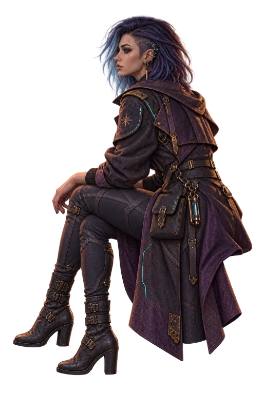 Nyx, seated: purple and blue hair, a long dark coat lined in violet with cyan seams, brass buckles, a satchel and a brass vial on a chain